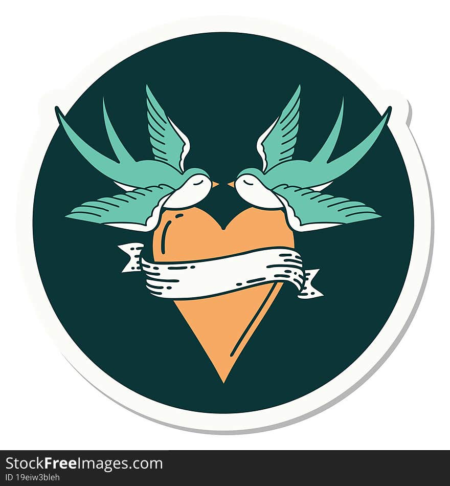 sticker of tattoo in traditional style of swallows and a heart with banner. sticker of tattoo in traditional style of swallows and a heart with banner