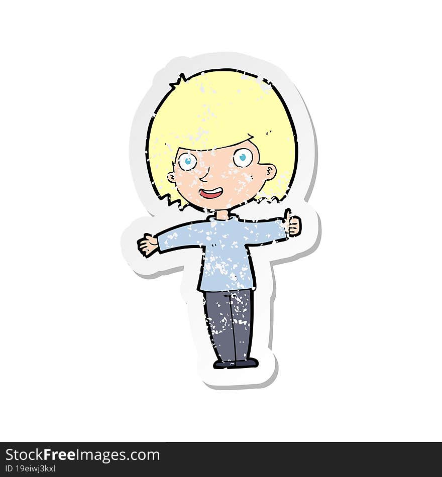 retro distressed sticker of a cartoon happy woman