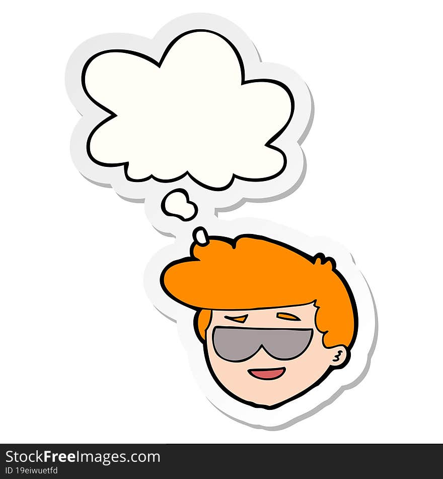 cartoon boy wearing sunglasses and thought bubble as a printed sticker