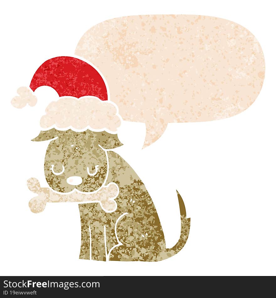 cute christmas dog and speech bubble in retro textured style