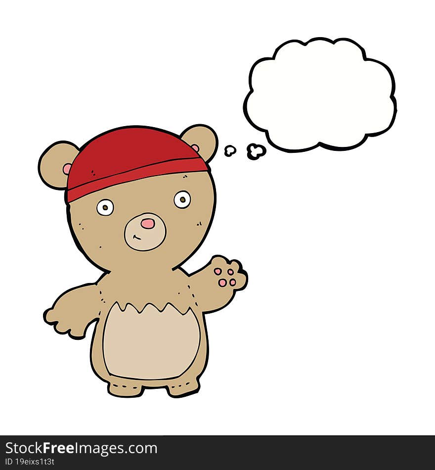 cartoon teddy bear wearing hat with thought bubble