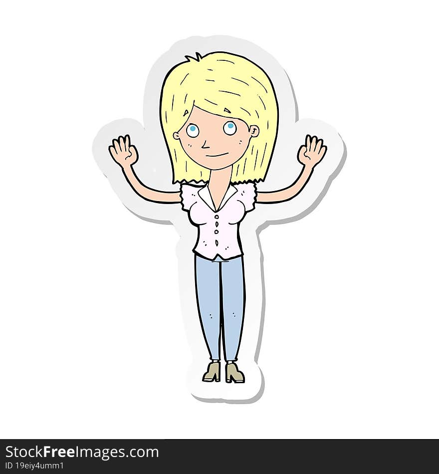 sticker of a cartoon woman holding up hands