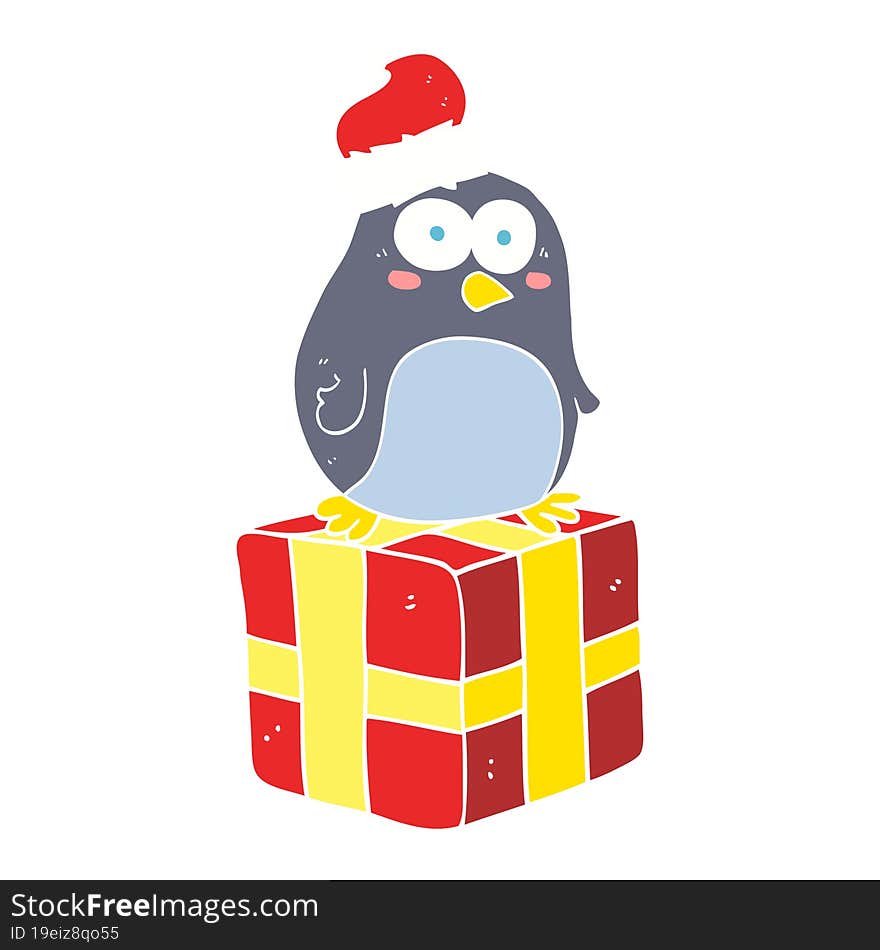 flat color illustration of a cartoon christmas penguin