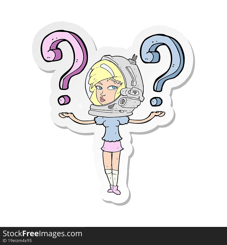 sticker of a cartoon spacewoman asking questions