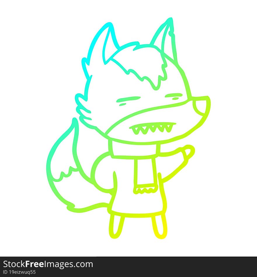 cold gradient line drawing of a cartoon wolf in winter clothes