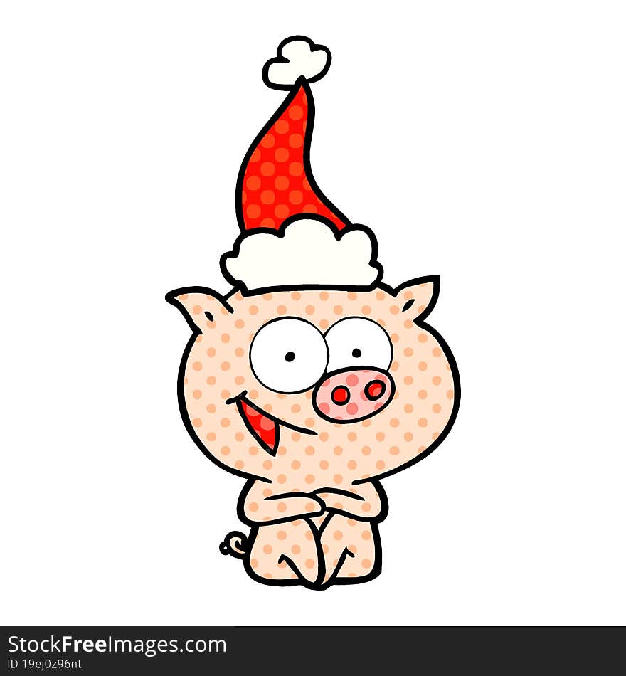 Cheerful Sitting Pig Comic Book Style Illustration Of A Wearing Santa Hat