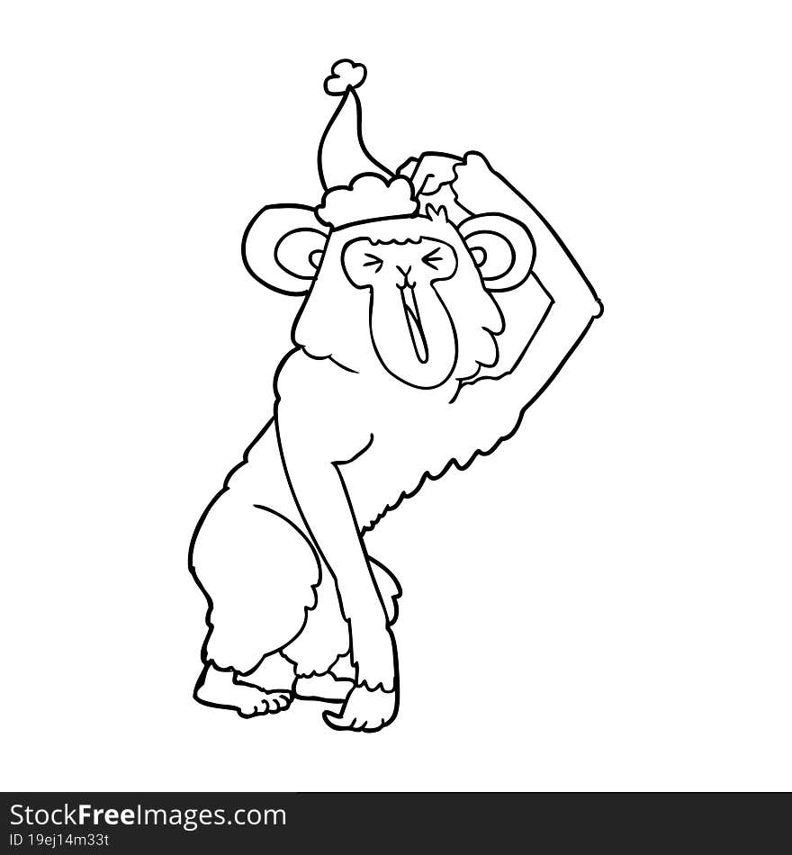 hand drawn line drawing of a chimp scratching head wearing santa hat