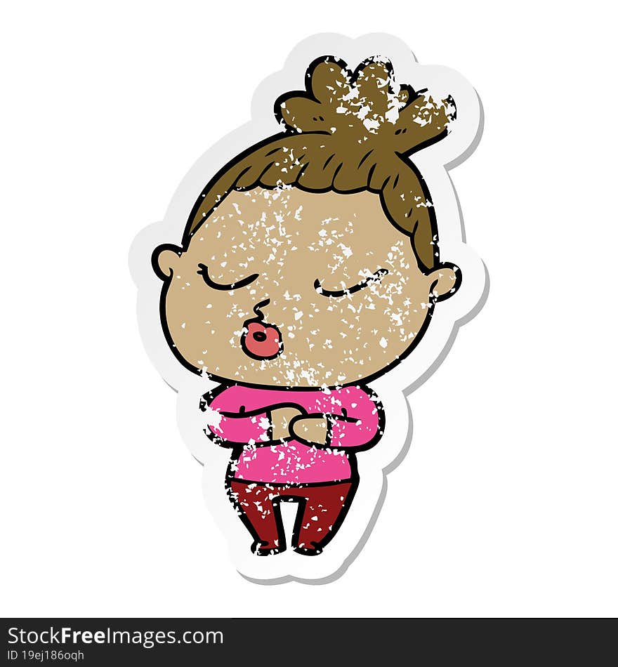 distressed sticker of a cartoon calm woman