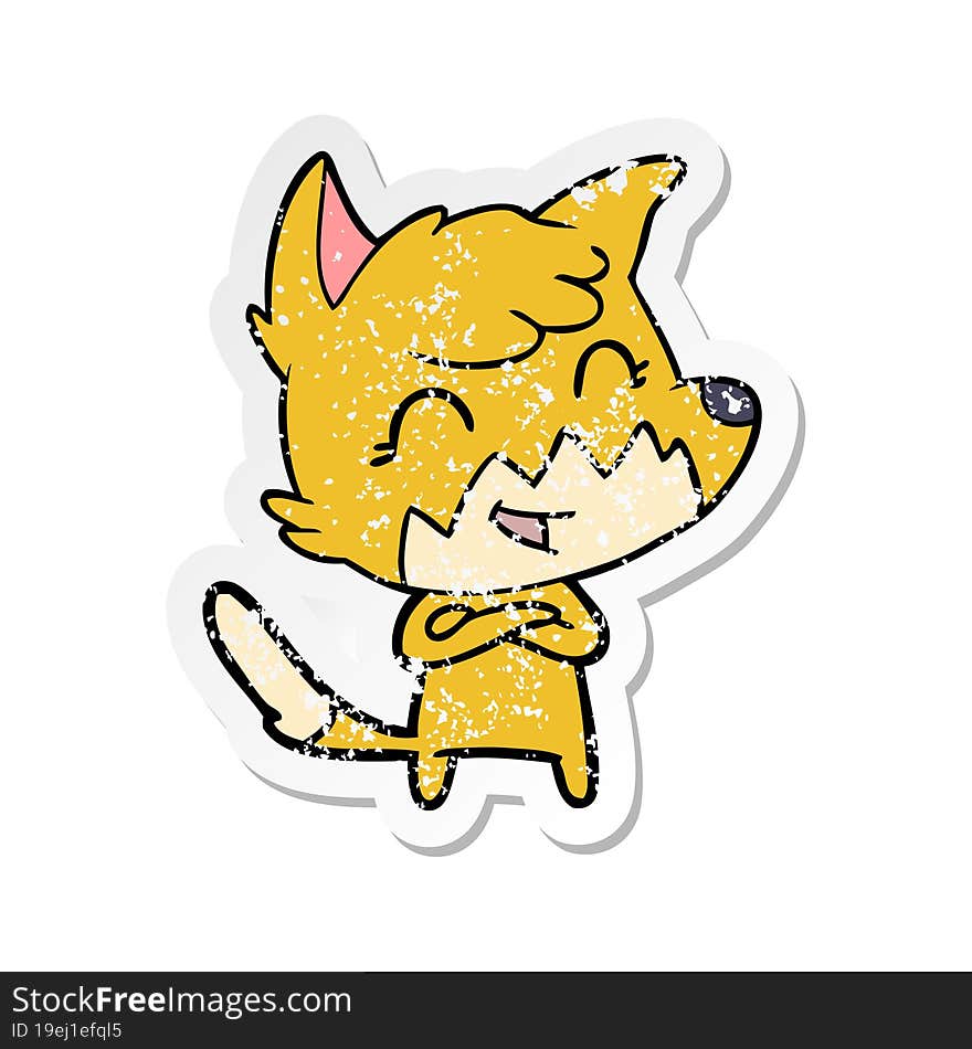 distressed sticker of a happy cartoon fox