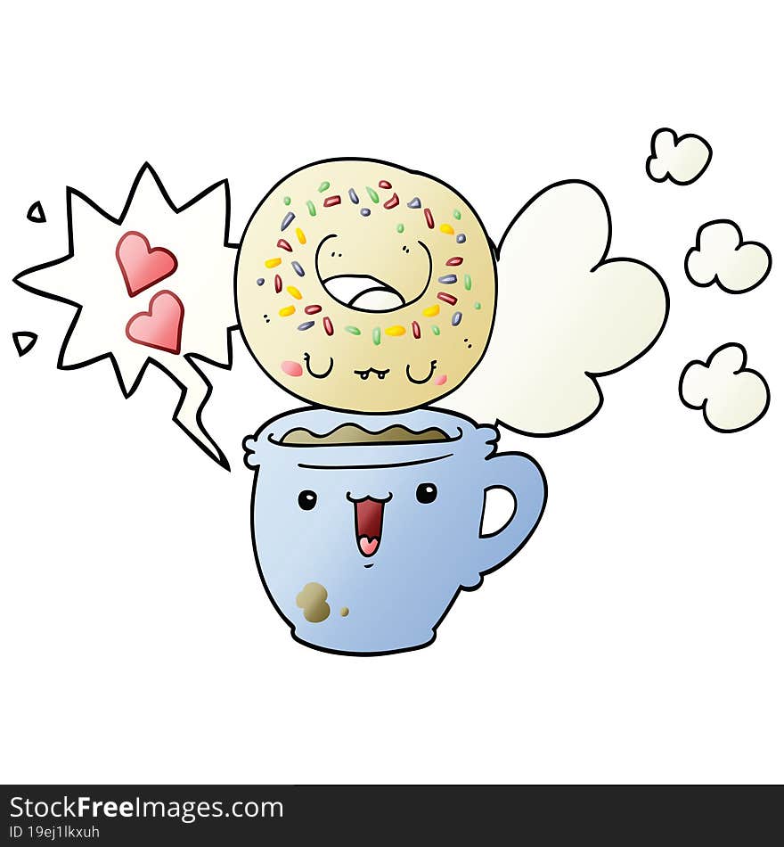 cute cartoon donut and coffee and speech bubble in smooth gradient style