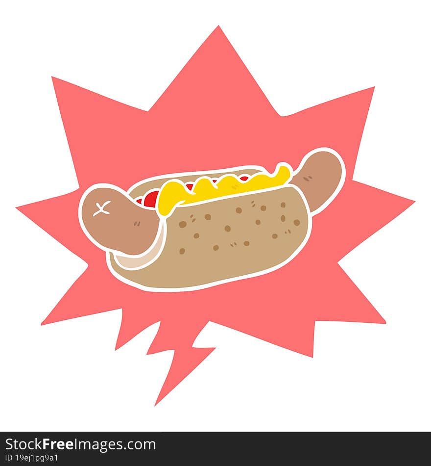 cartoon fresh tasty hot dog with speech bubble in retro style