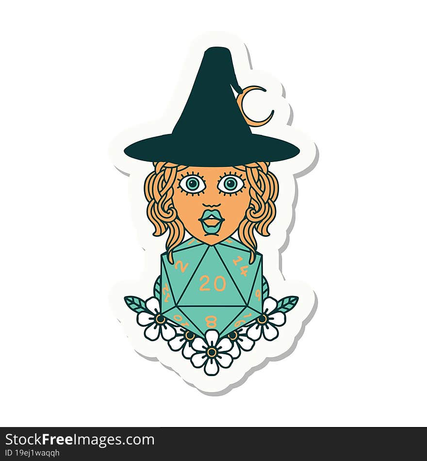 sticker of a human witch with natural twenty dice roll. sticker of a human witch with natural twenty dice roll