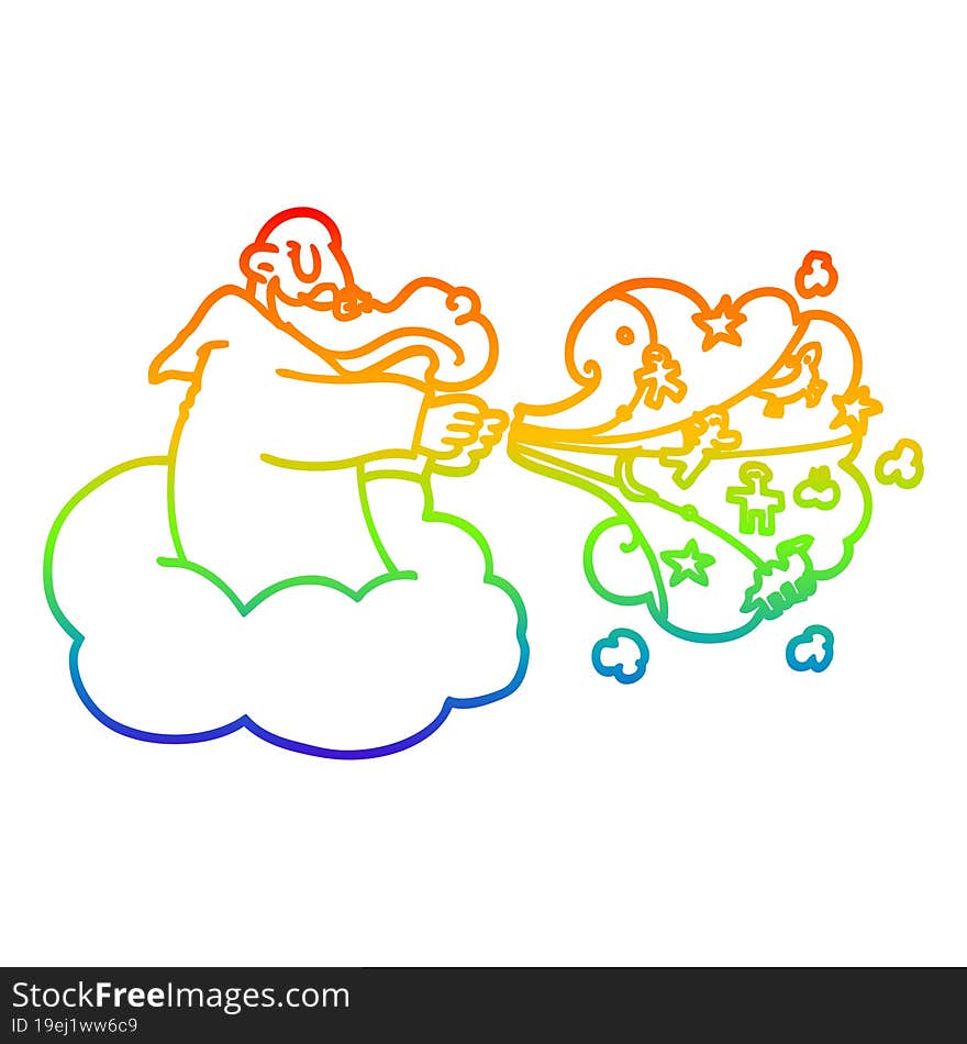 rainbow gradient line drawing of a cartoon god on cloud