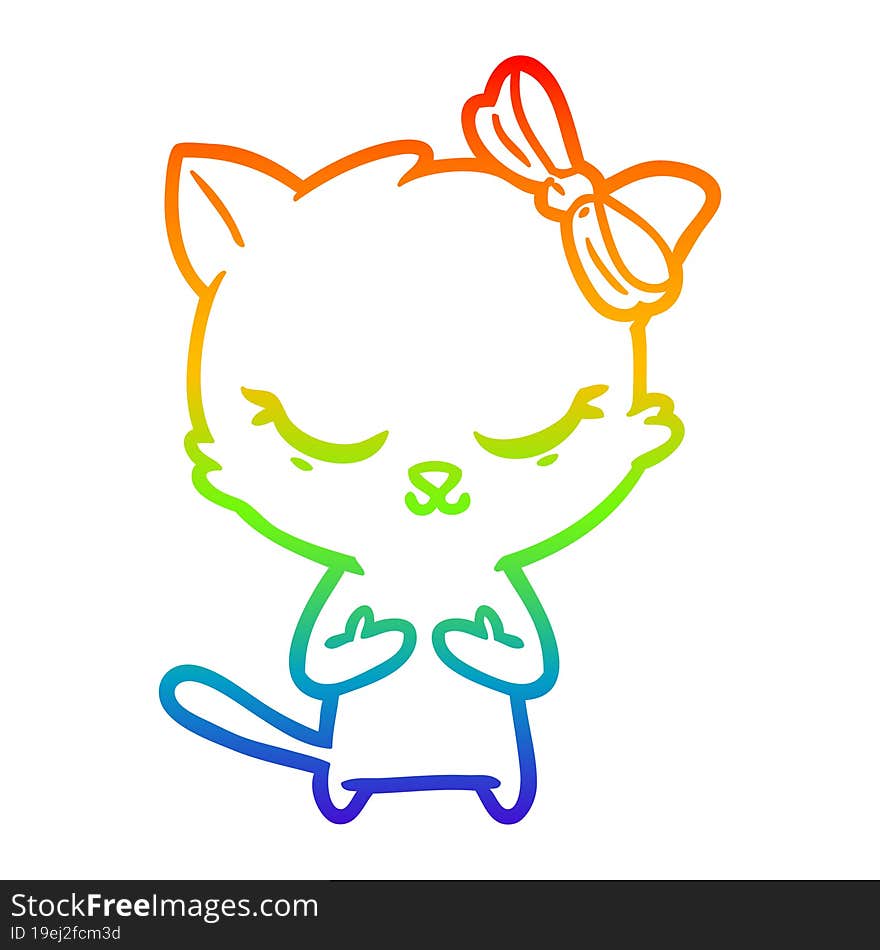 Rainbow Gradient Line Drawing Cute Cartoon Cat With Bow