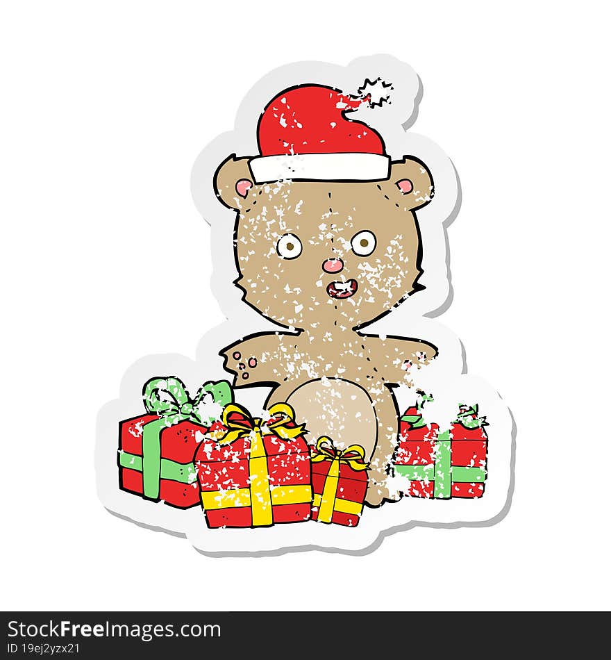 retro distressed sticker of a cartoon christmas teddy bear