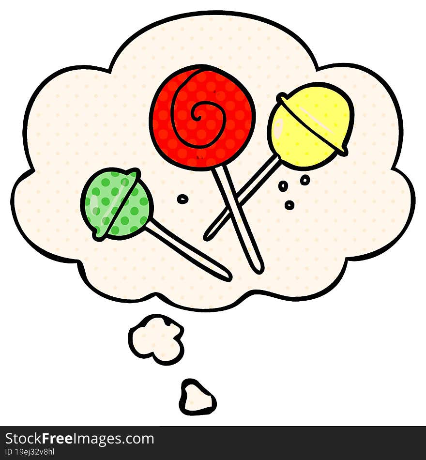 cartoon lollipop with thought bubble in comic book style