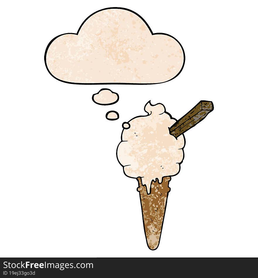 cartoon ice cream with thought bubble in grunge texture style. cartoon ice cream with thought bubble in grunge texture style