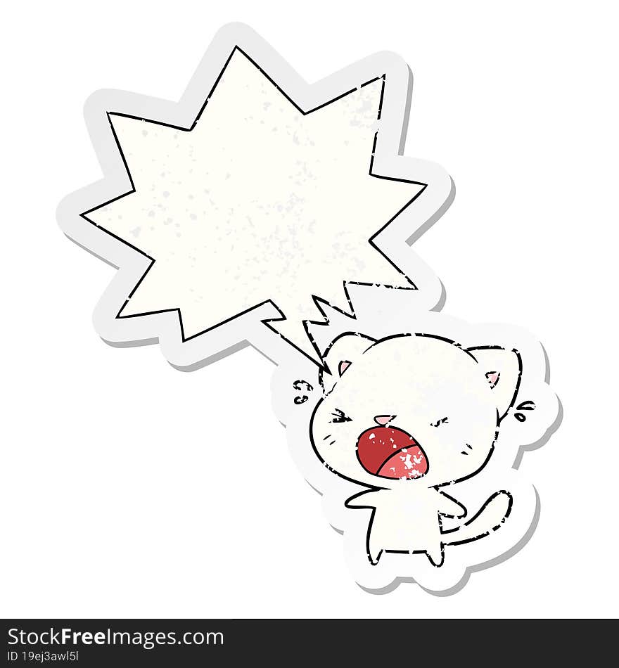 cute cartoon cat crying with speech bubble distressed distressed old sticker. cute cartoon cat crying with speech bubble distressed distressed old sticker