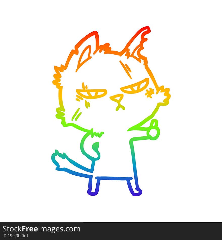 rainbow gradient line drawing tough cartoon cat giving thumbs up symbol