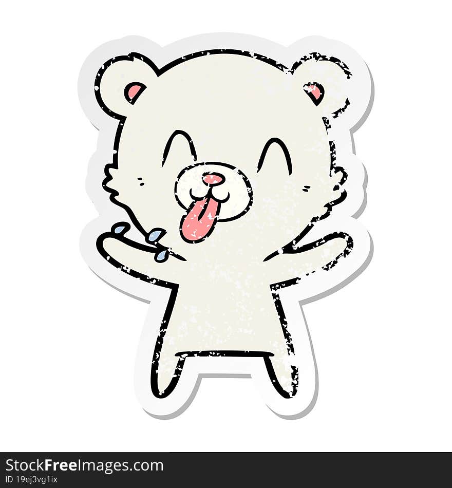 distressed sticker of a rude cartoon polar bear sticking out tongue