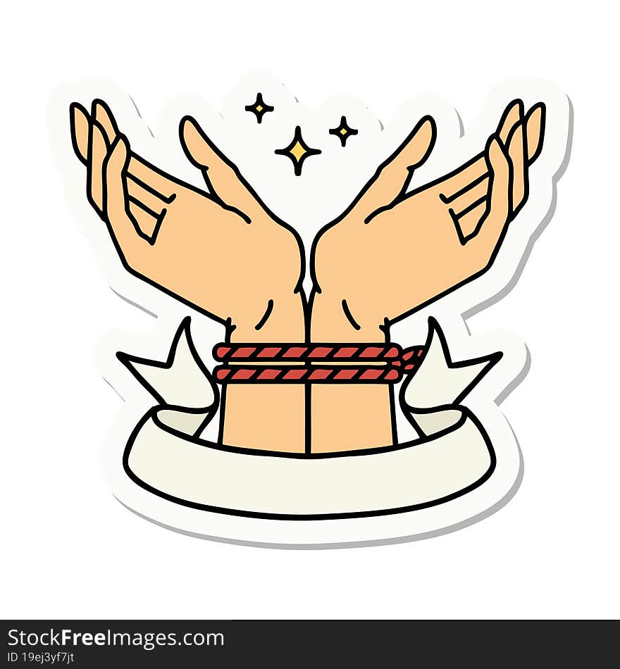 tattoo style sticker with banner of a pair of tied hands