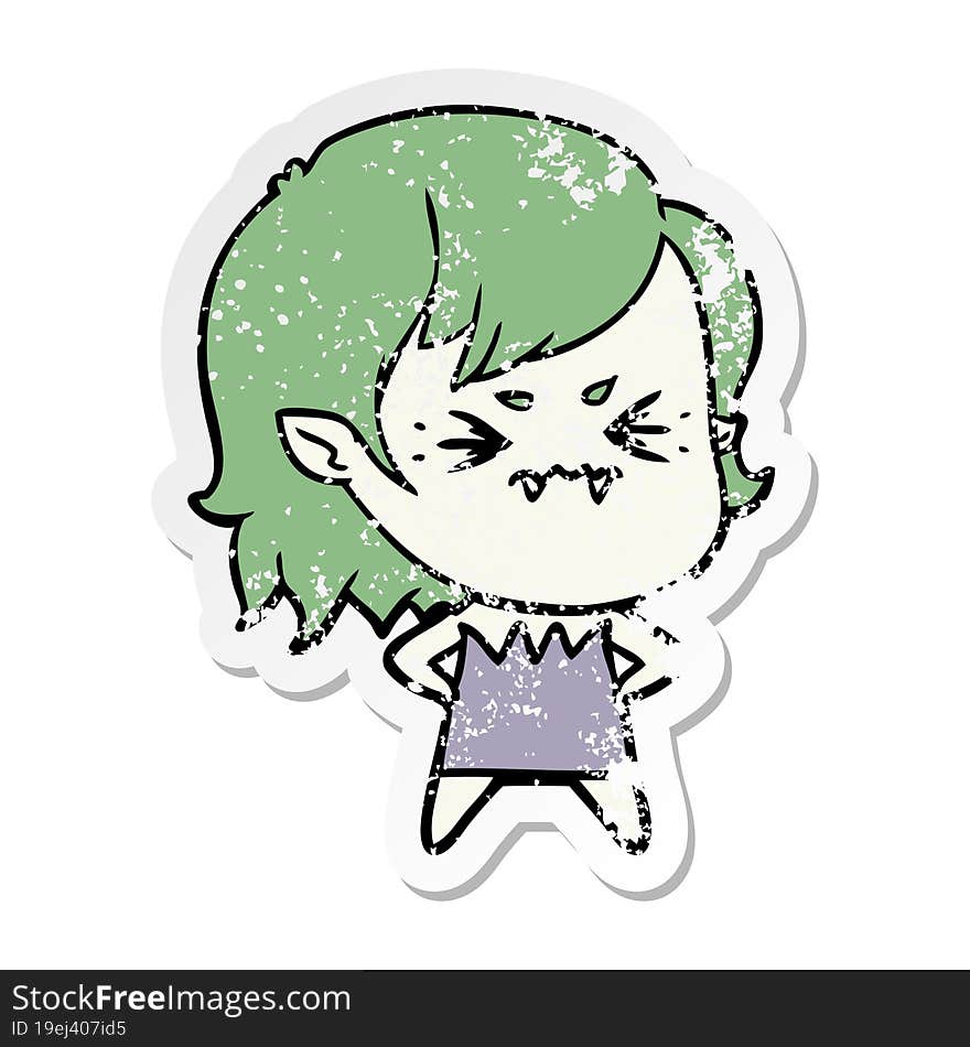 Distressed Sticker Of A Annoyed Cartoon Vampire Girl