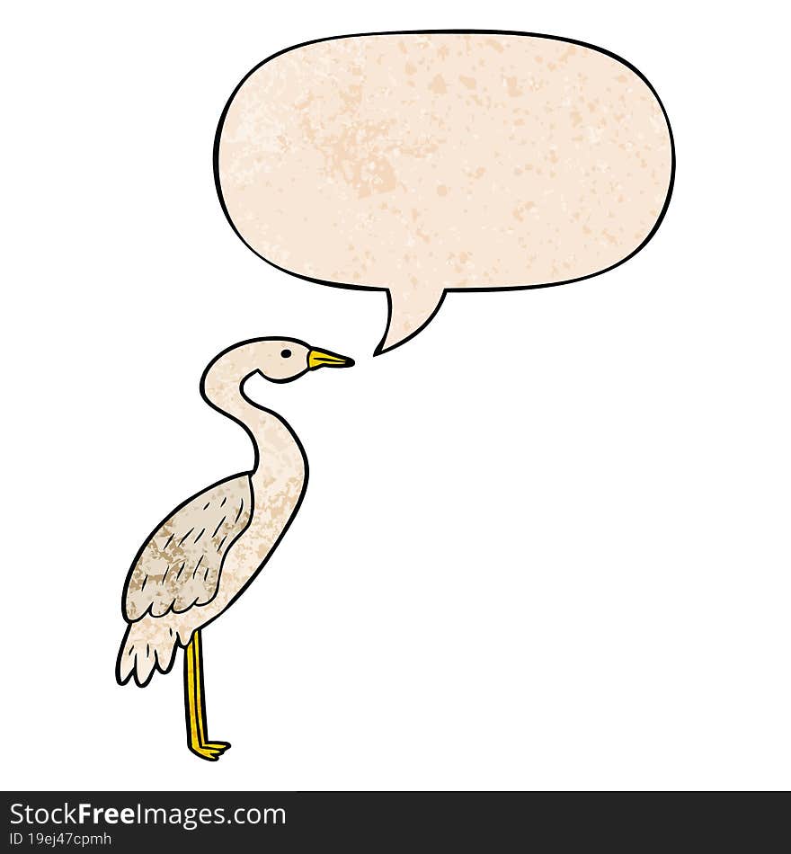 cartoon stork and speech bubble in retro texture style