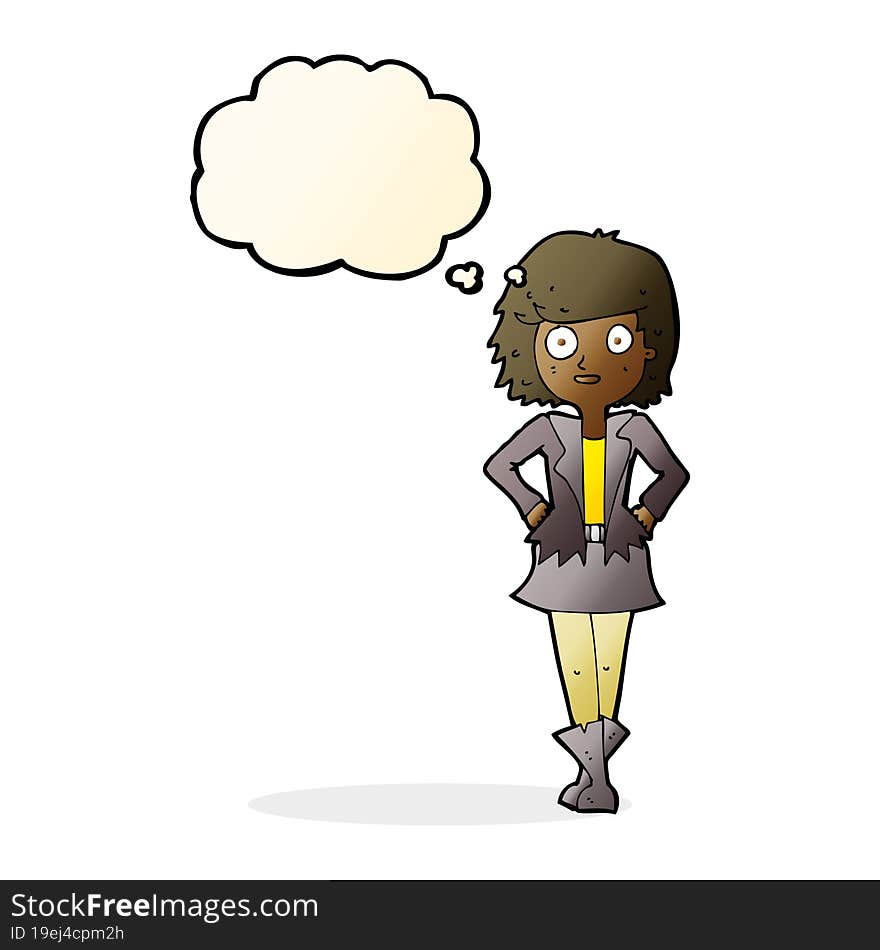 cartoon girl in jacket with thought bubble