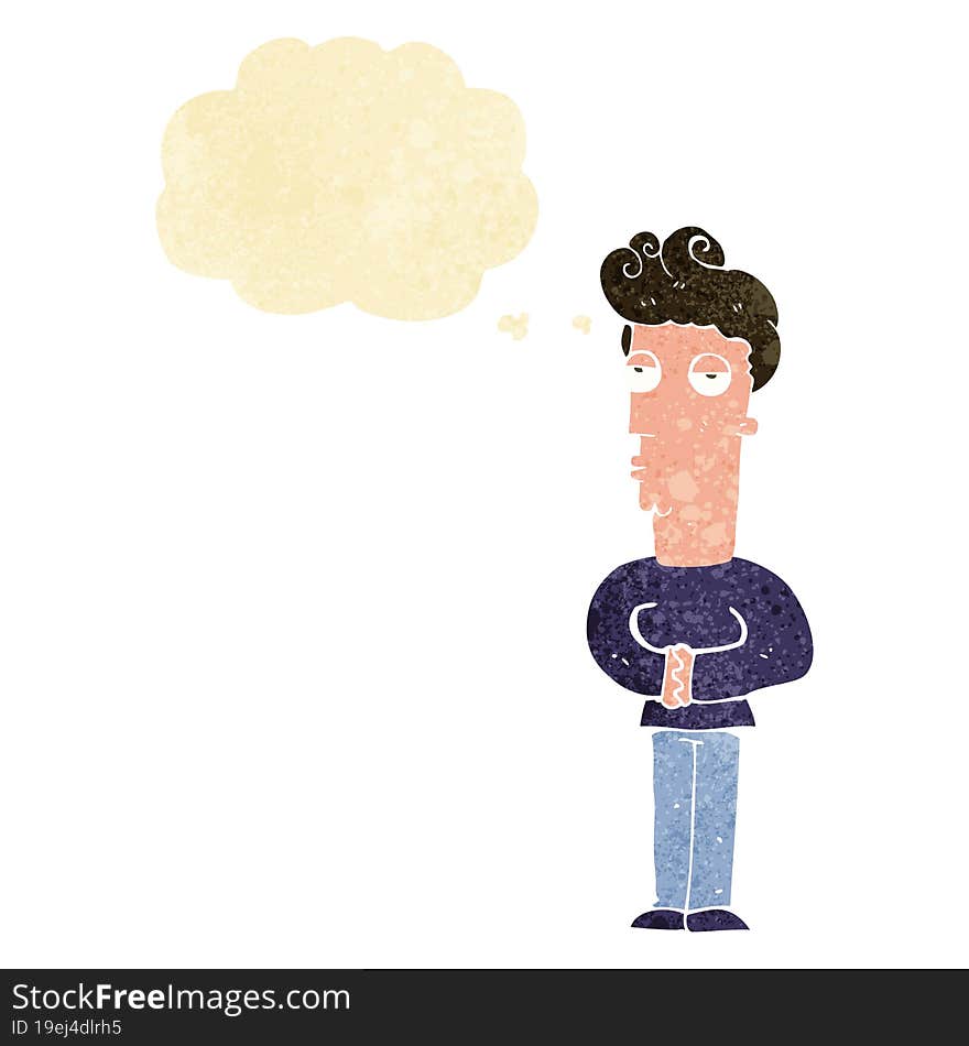 cartoon jaded man with thought bubble