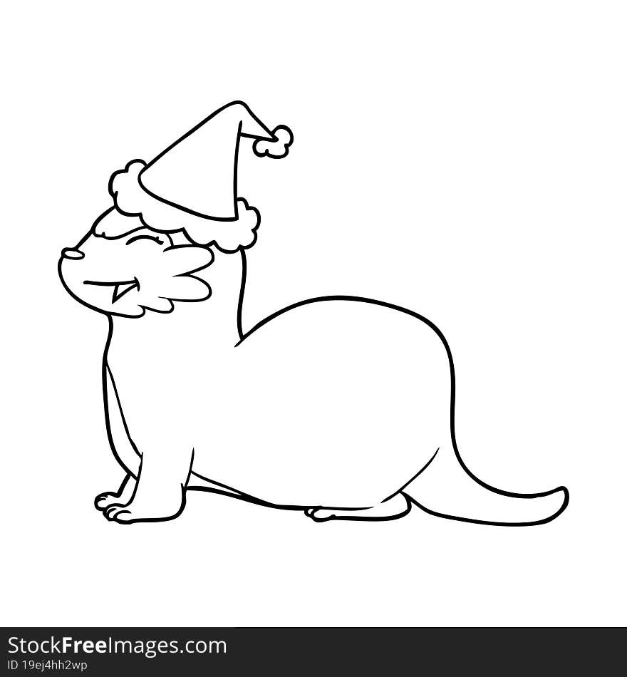 laughing otter line drawing of a wearing santa hat