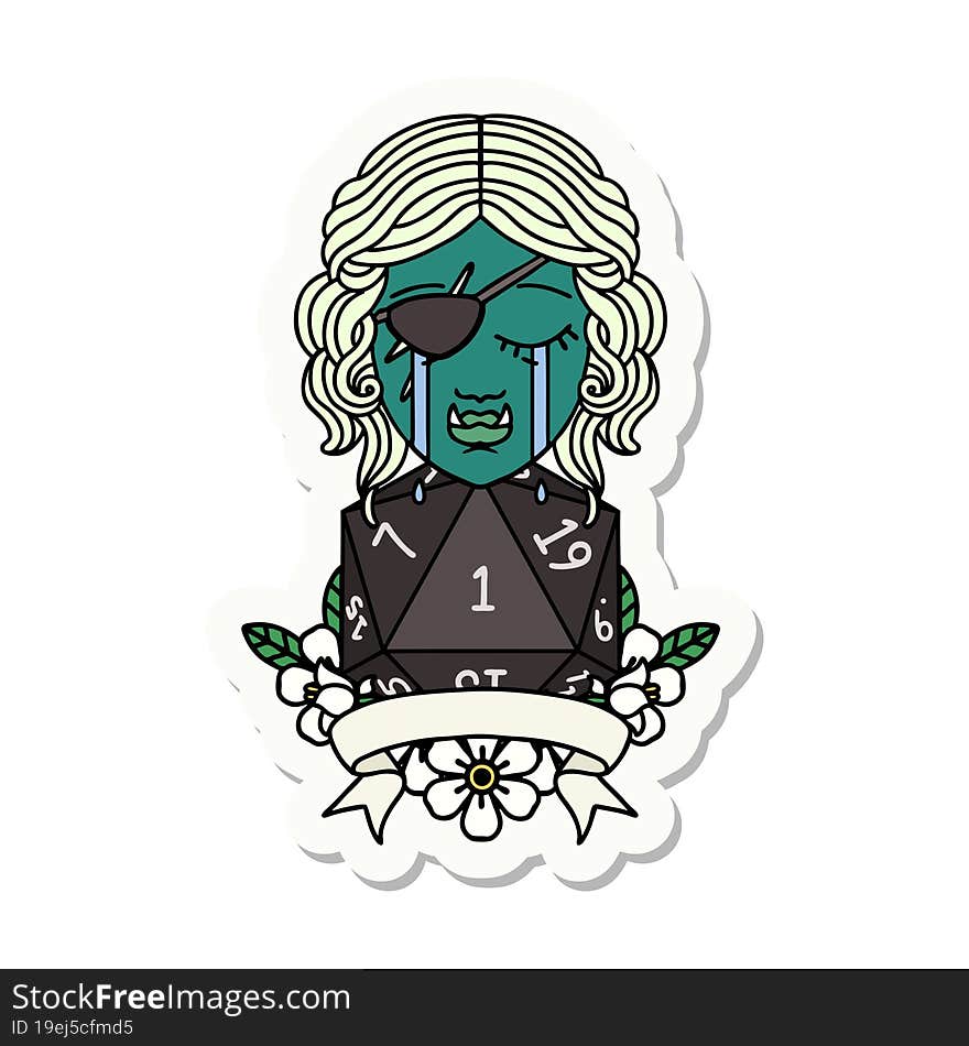 sticker of a crying orc rogue character with natural one roll. sticker of a crying orc rogue character with natural one roll