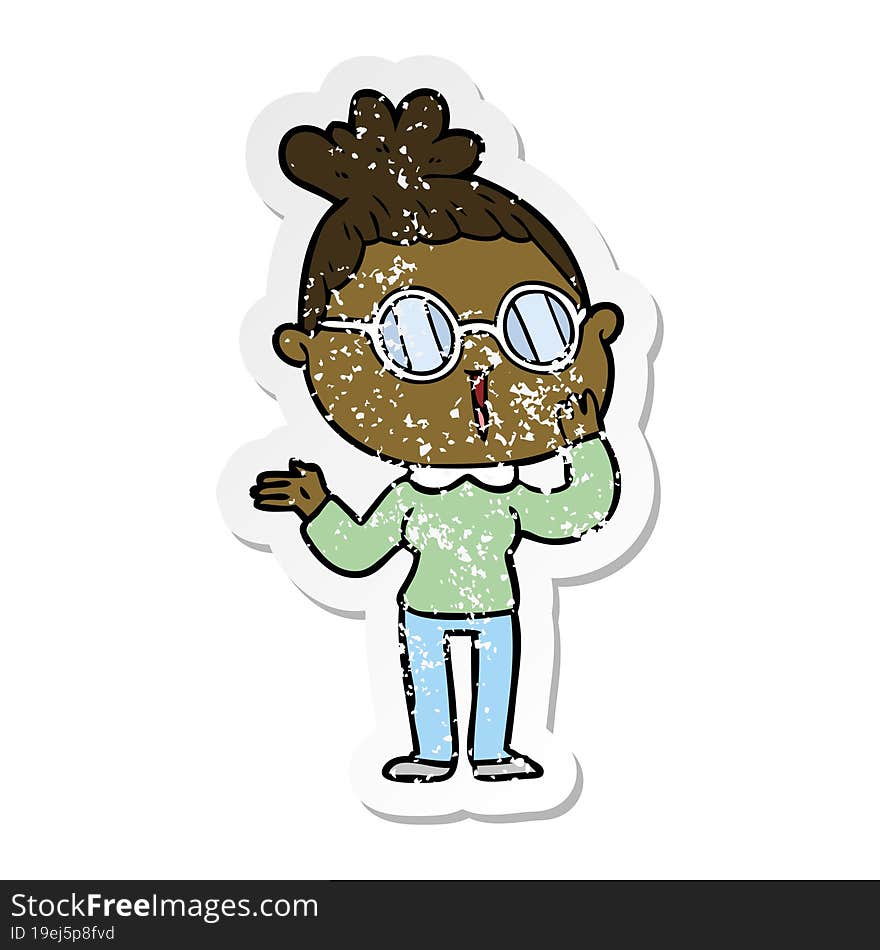 distressed sticker of a cartoon surprised woman wearing spectacles