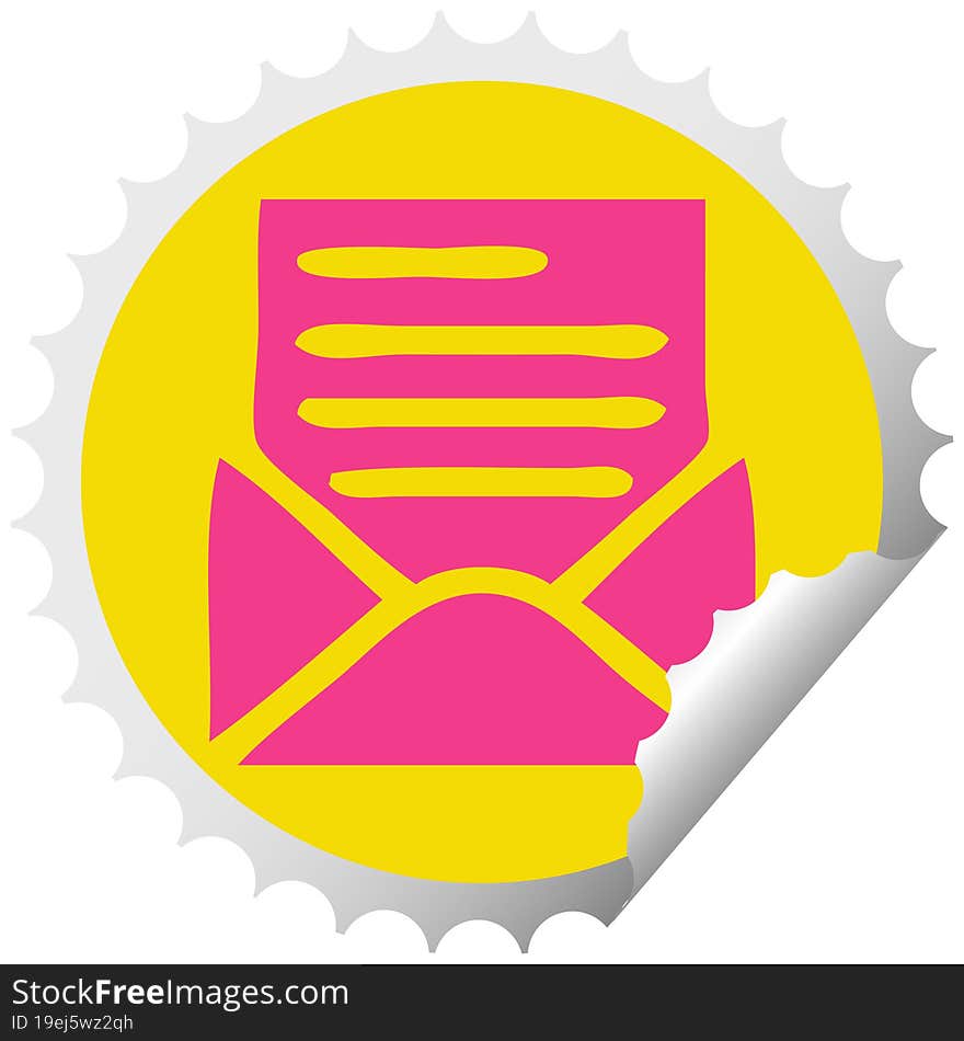 circular peeling sticker cartoon of a letter and envelope