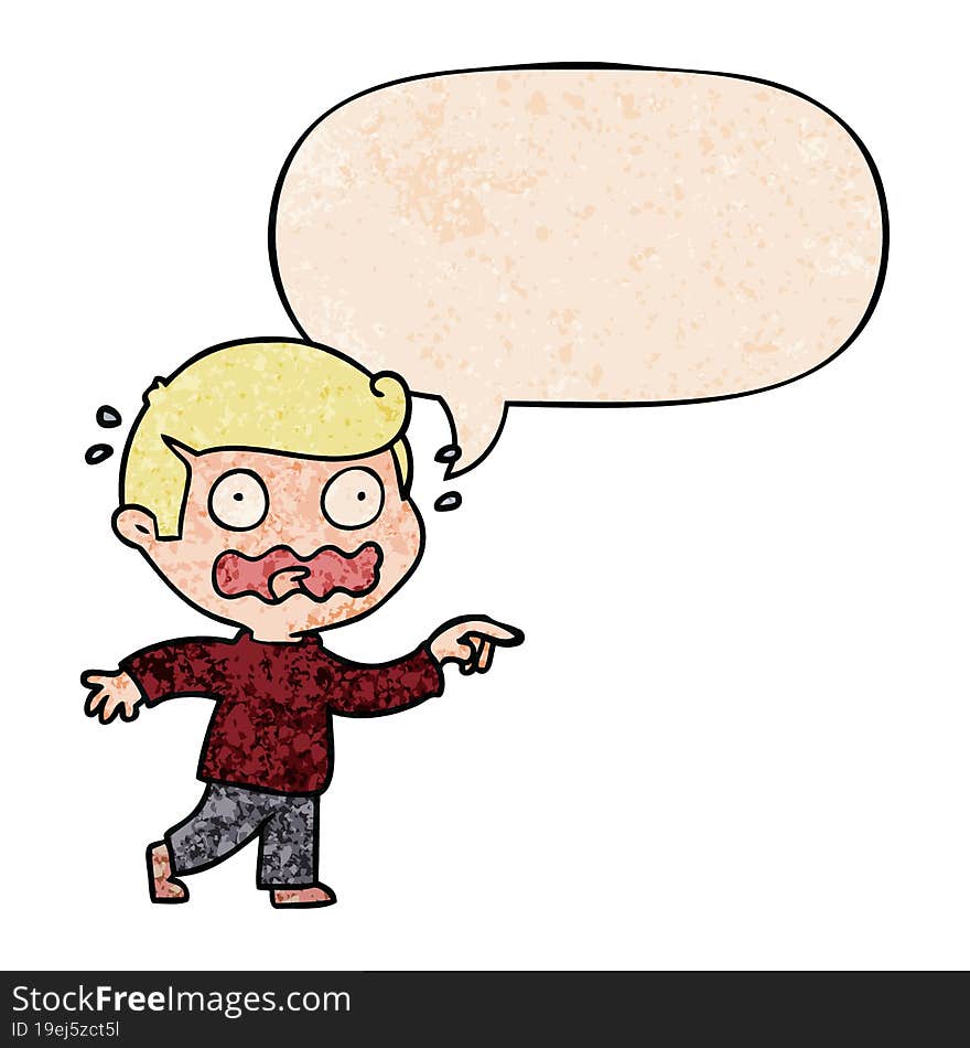 cartoon stressed out pointing and speech bubble in retro texture style