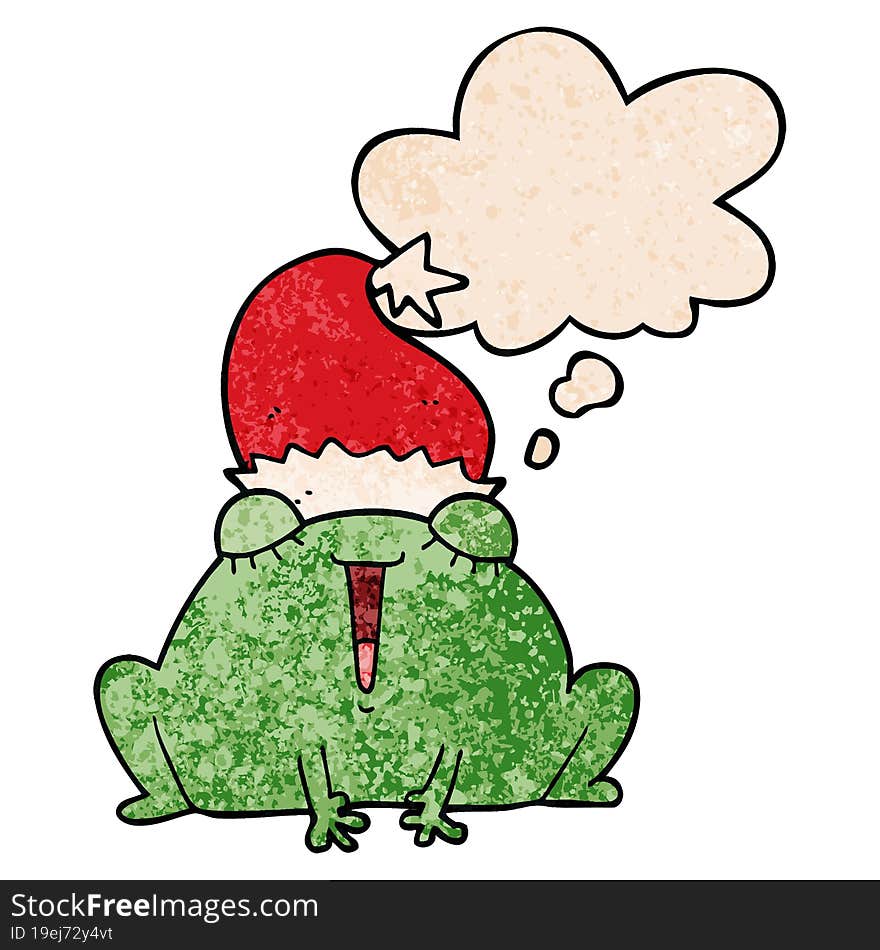 Cute Cartoon Christmas Frog And Thought Bubble In Grunge Texture Pattern Style