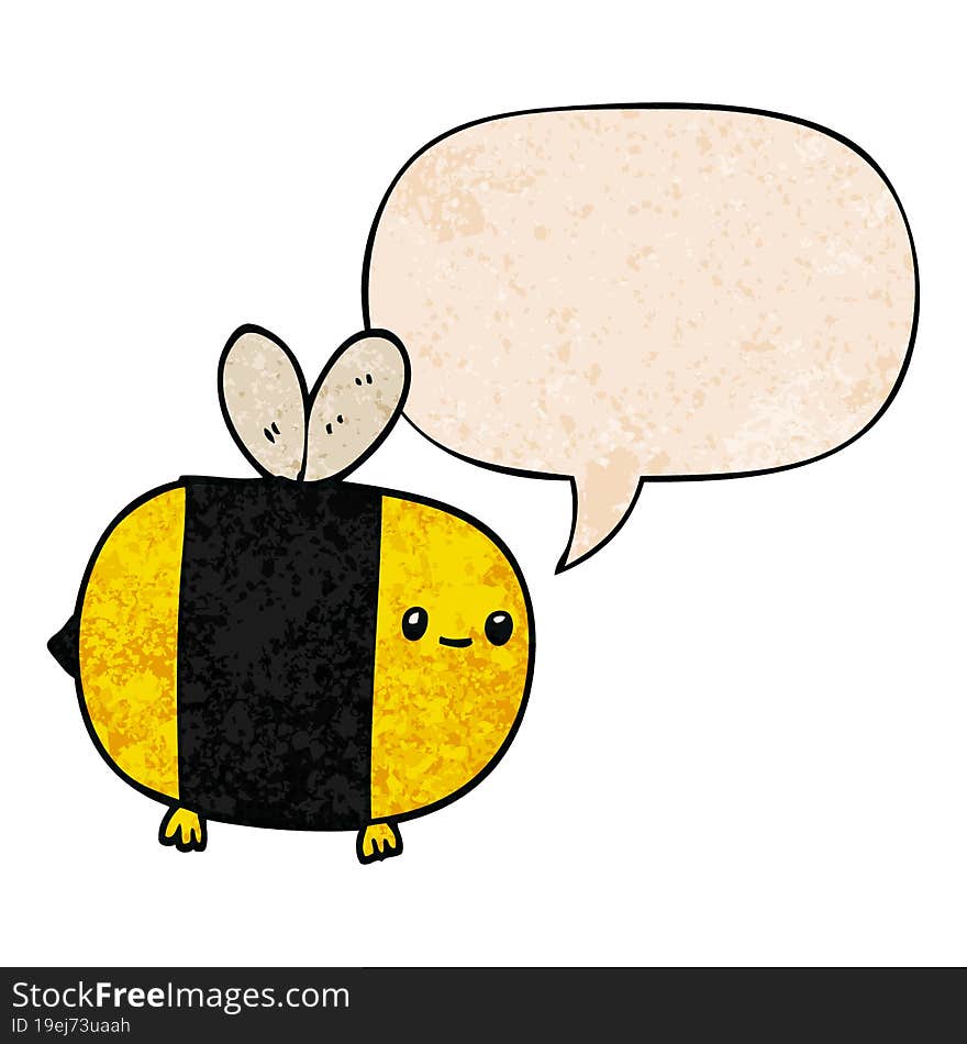 cute cartoon bee and speech bubble in retro texture style