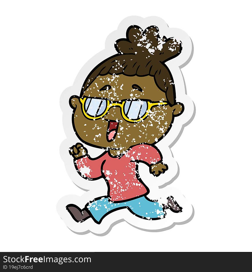 distressed sticker of a cartoon happy woman wearing spectacles