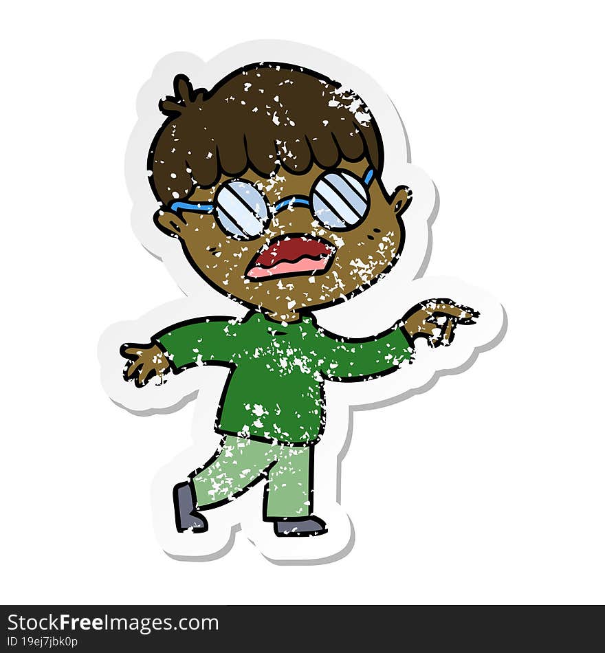 distressed sticker of a cartoon boy wearing spectacles