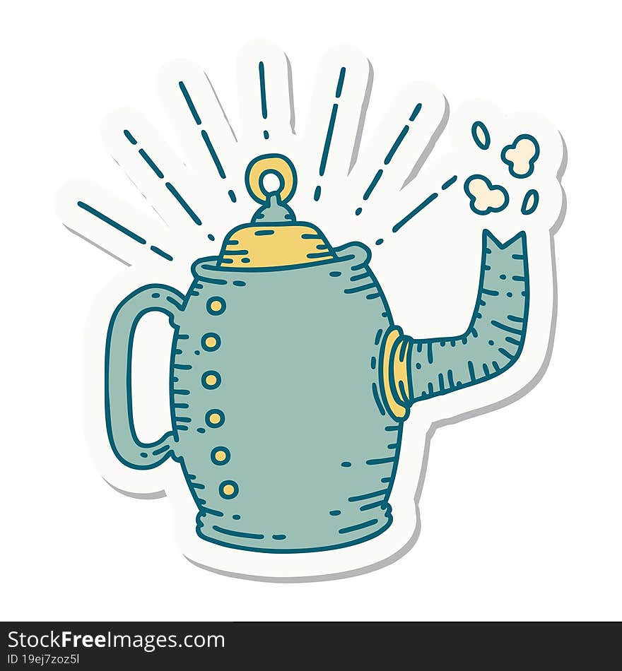 sticker of tattoo style old coffee pot steaming