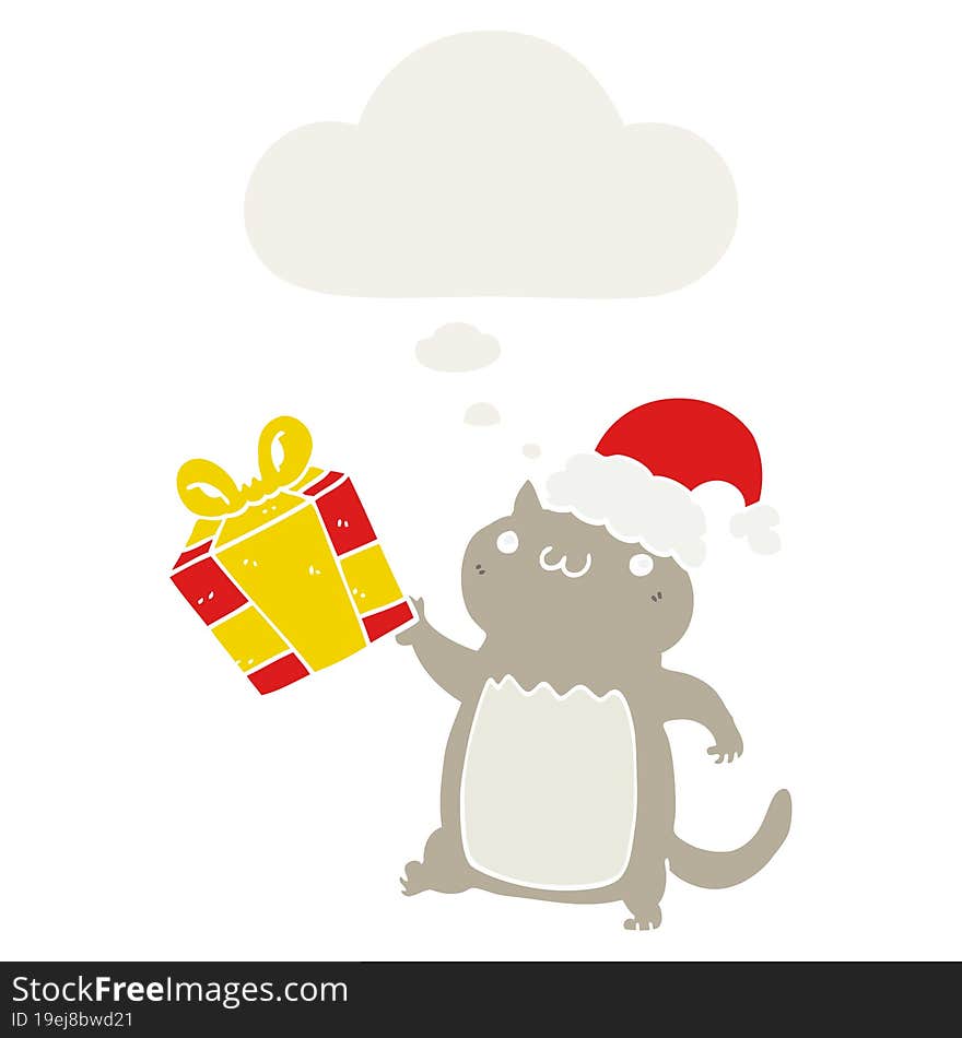 cute cartoon christmas cat with thought bubble in retro style