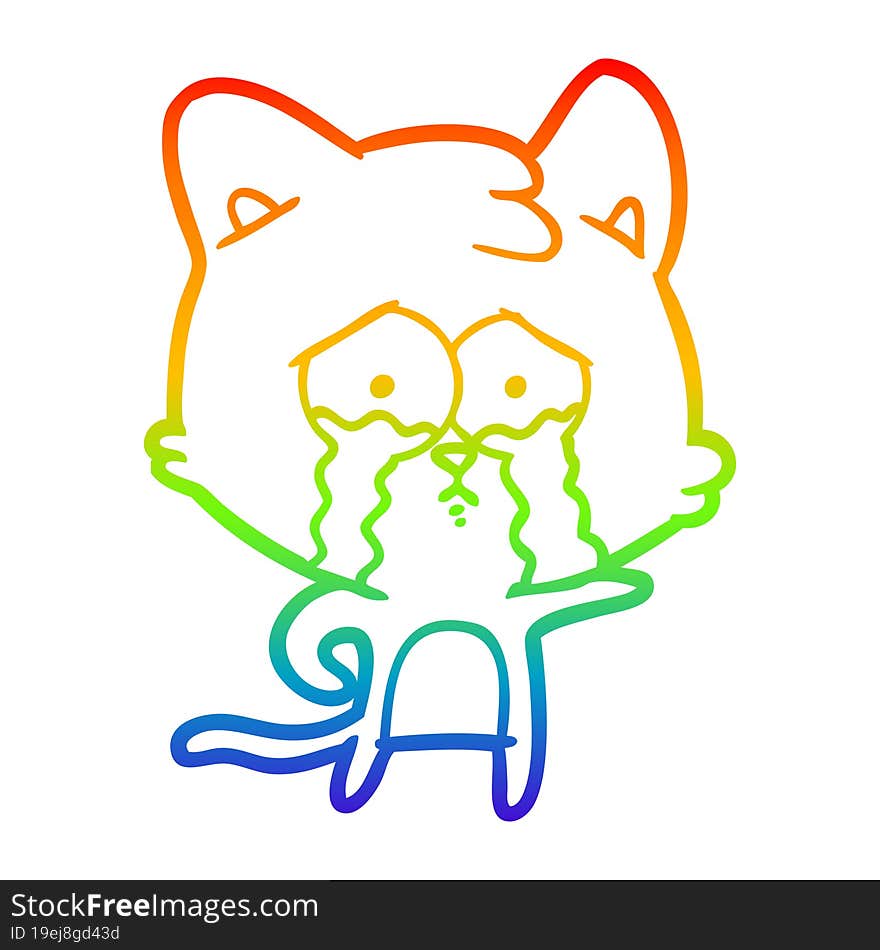 rainbow gradient line drawing of a cartoon crying cat