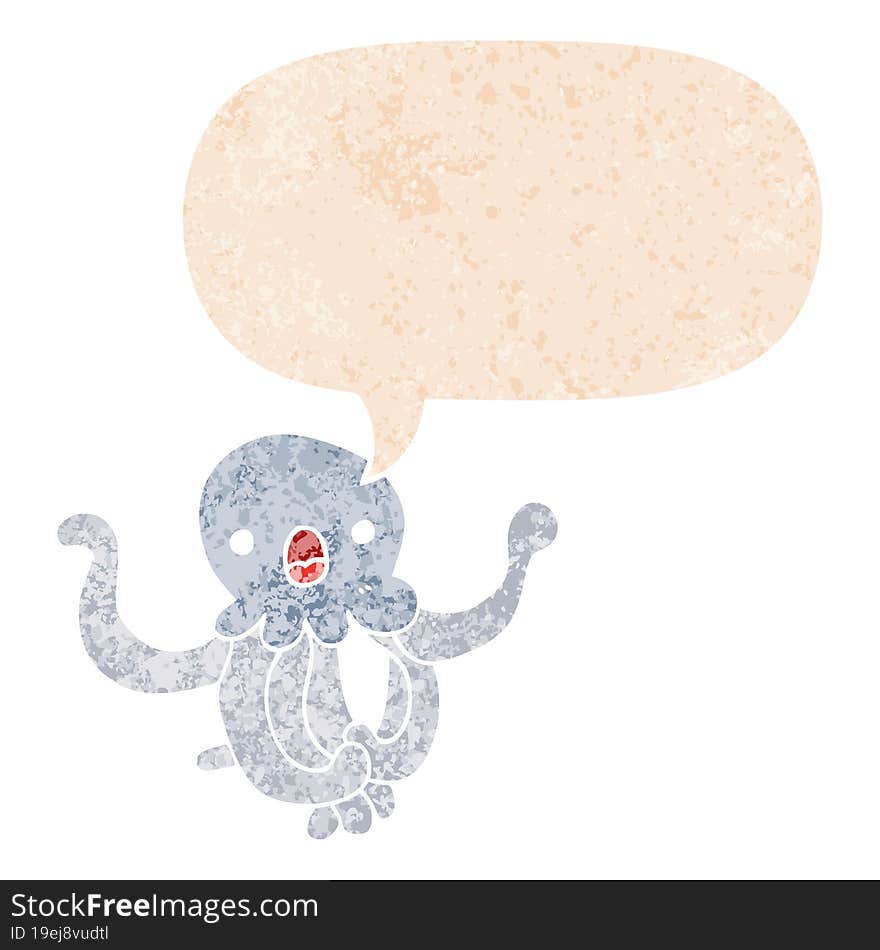 cartoon jellyfish and speech bubble in retro textured style