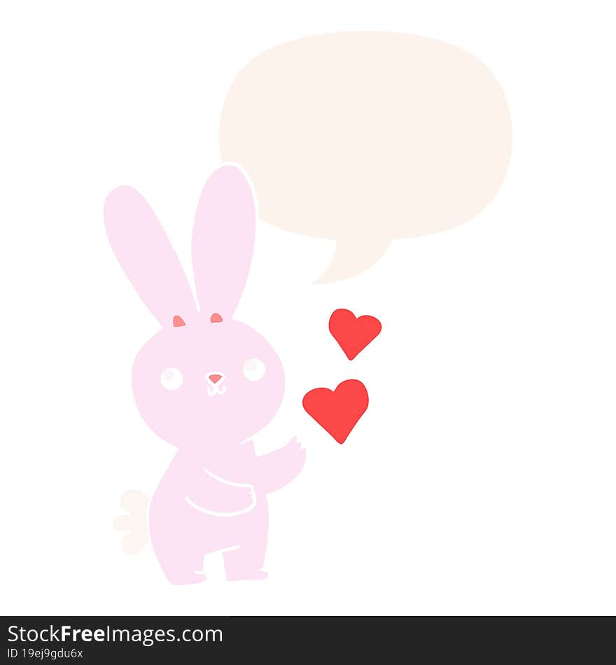 cute cartoon rabbit and love hearts and speech bubble in retro style