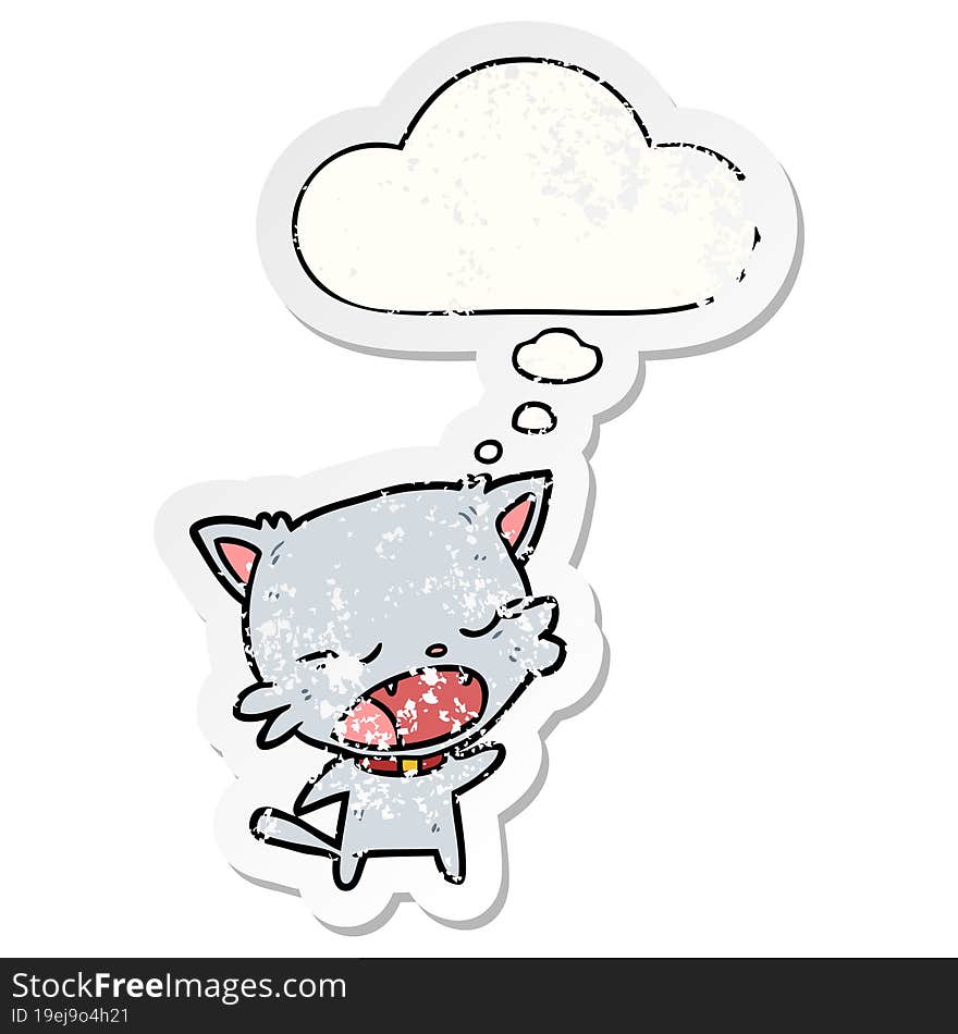 cartoon cat talking and thought bubble as a distressed worn sticker