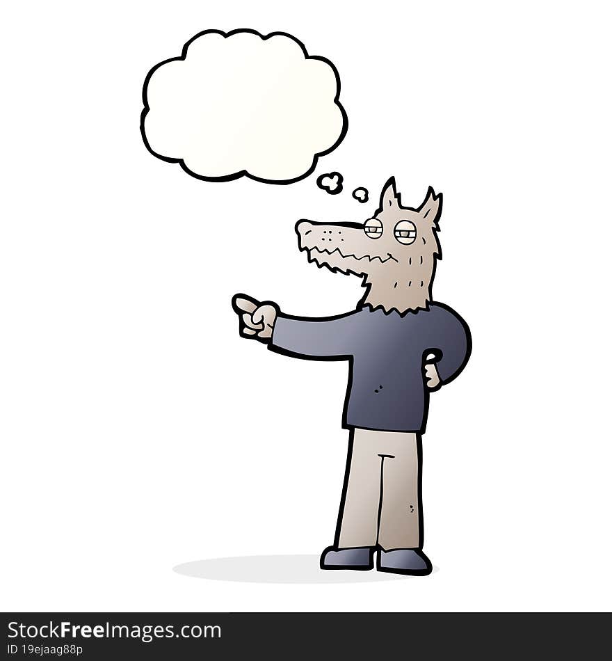 Cartoon Pointing Wolf Man With Thought Bubble