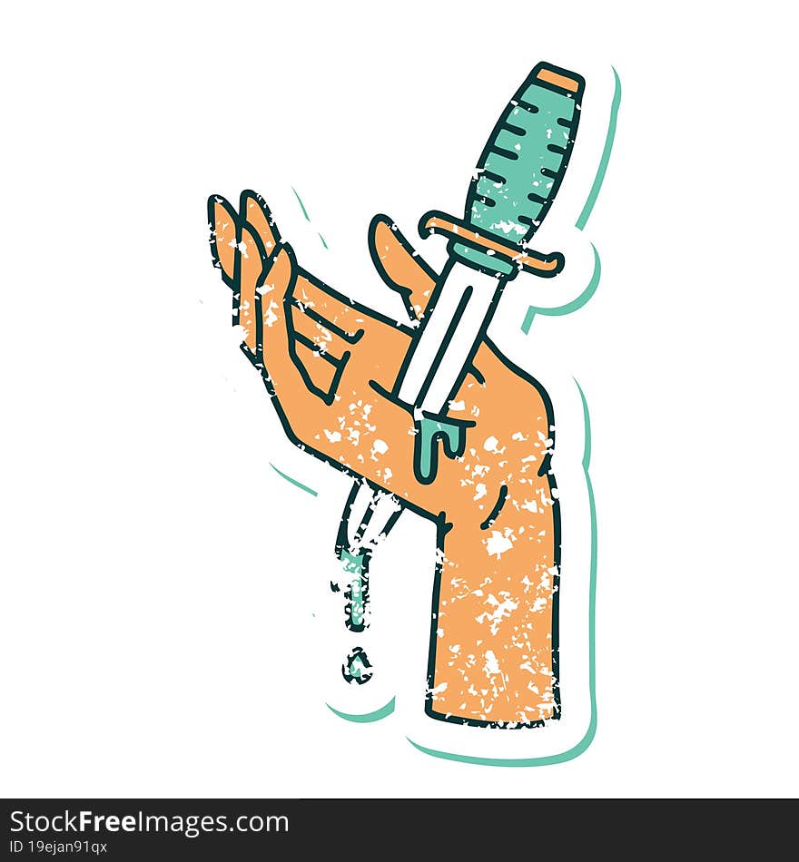 distressed sticker tattoo style icon of a dagger in the hand