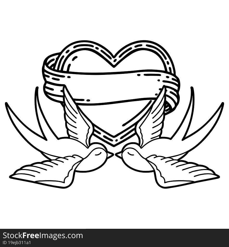 tattoo in black line style of swallows and a heart with banner. tattoo in black line style of swallows and a heart with banner