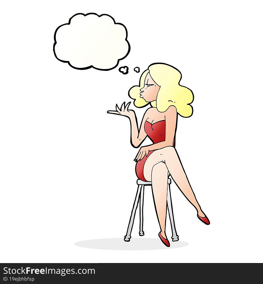 cartoon woman sitting on bar stool with thought bubble