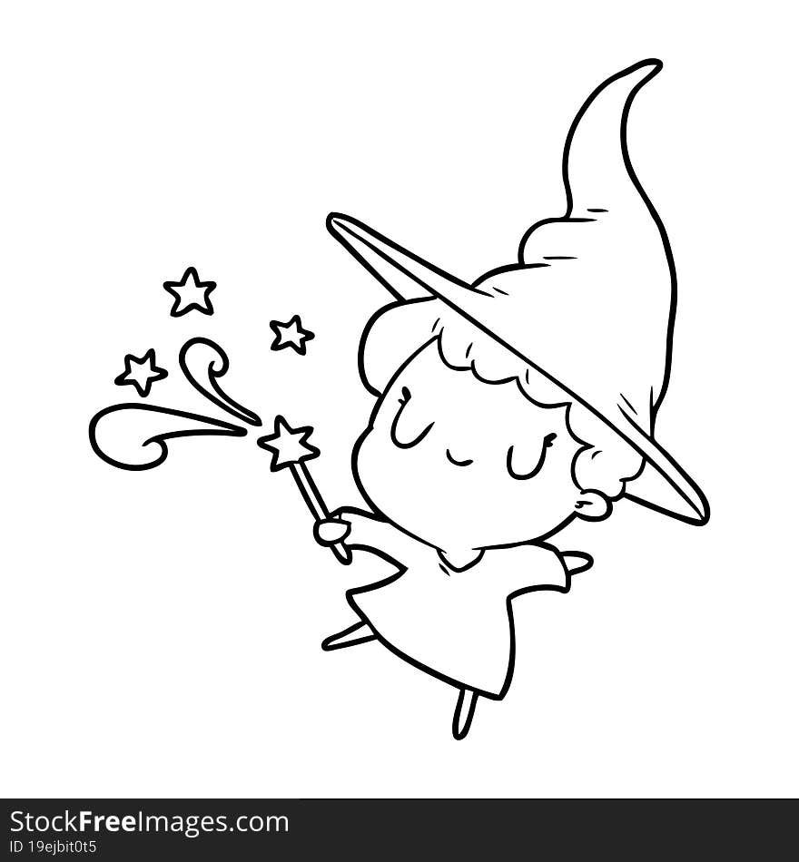 cute line drawing of a witch casting spell. cute line drawing of a witch casting spell