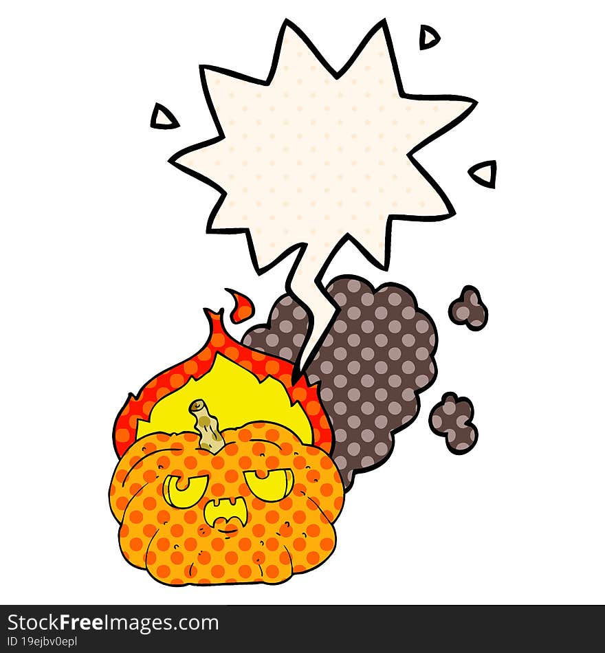 cartoon flaming halloween pumpkin and speech bubble in comic book style